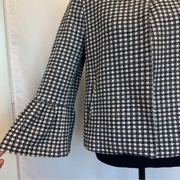 𝅺ZARA tweed plaid check black white bell sleeve jacket Sz M - Picture 4 of 15